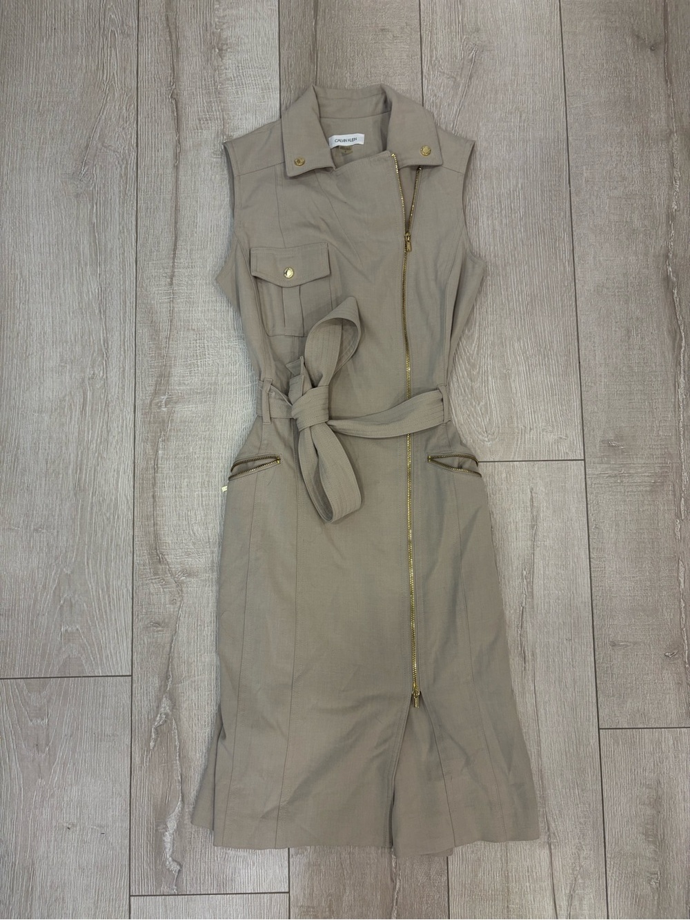 Calvin Klein Beige Sleeveless Zip-Front Utility Dress with Belt